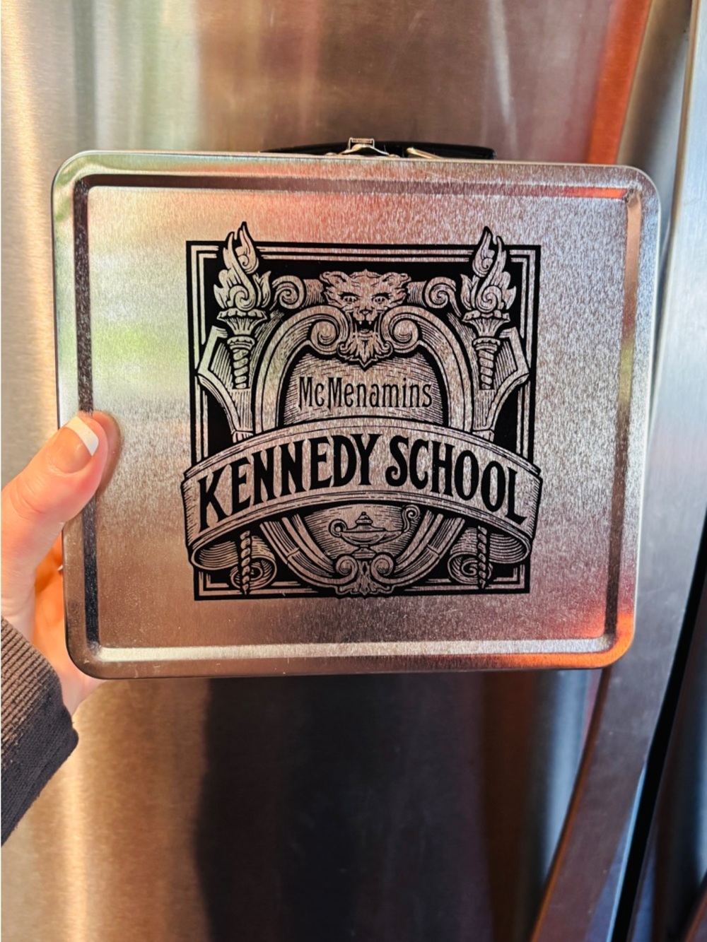 Kennedy School Silver Metal Lunchbox Storage Tin